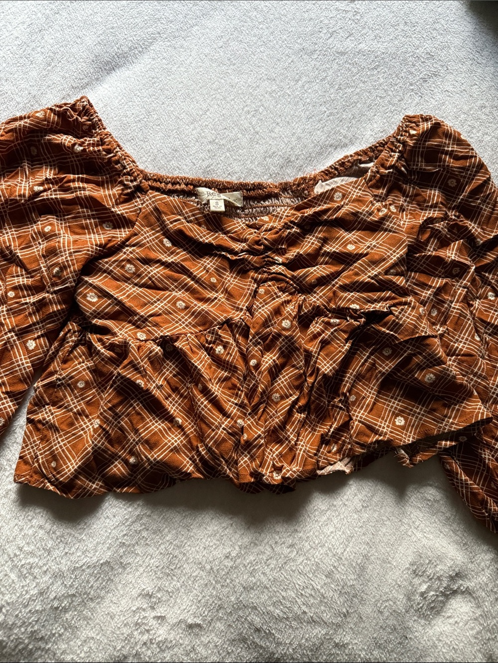 Rewind Rust Plaid Off-Shoulder Crop Top